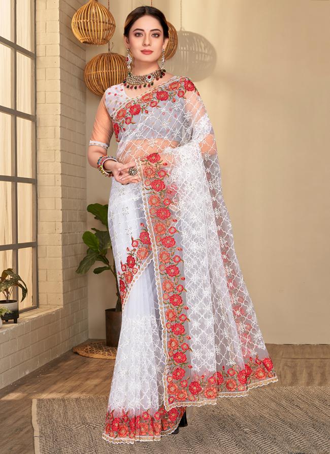 White Net Party Wear Resham Work Saree