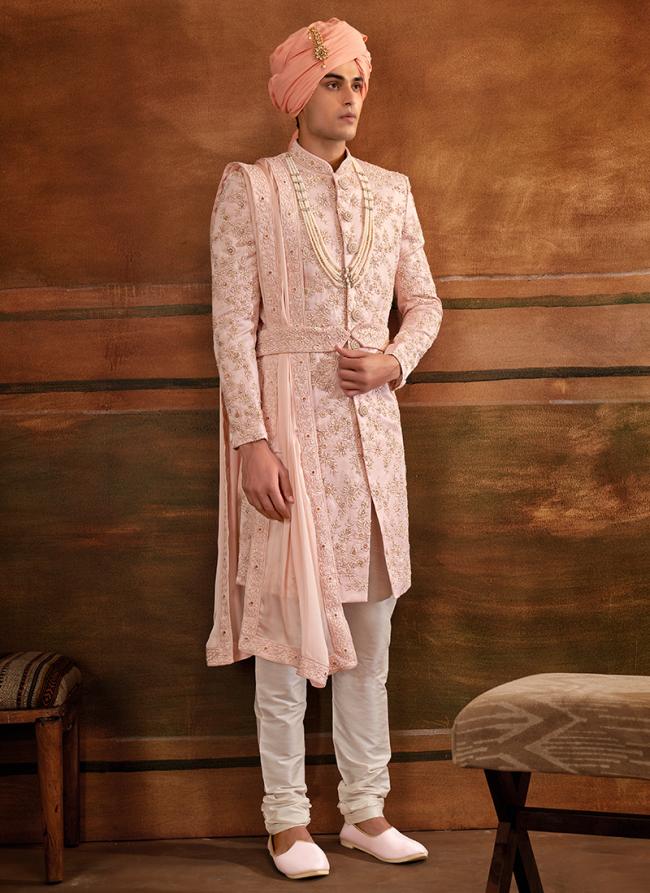 PINK Art silk Wedding Wear Weaving Sherwani