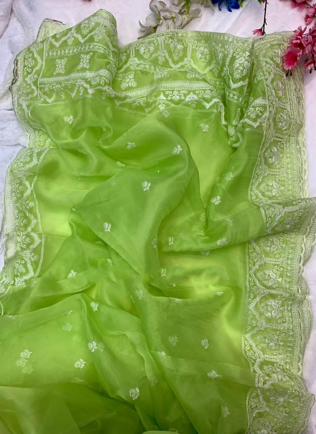 Light Green Pure Organza Festival Wear Embroidery Work Saree