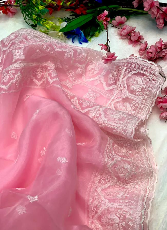 Pink Pure Organza Festival Wear Embroidery Work Saree