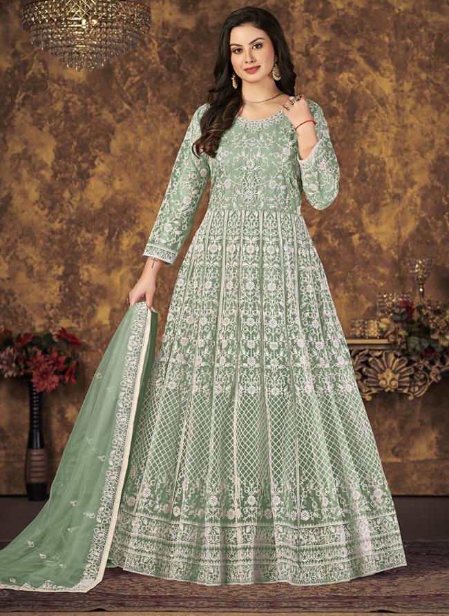 Pista Green Net Wedding Wear Embroidery Work Anarkali Suit