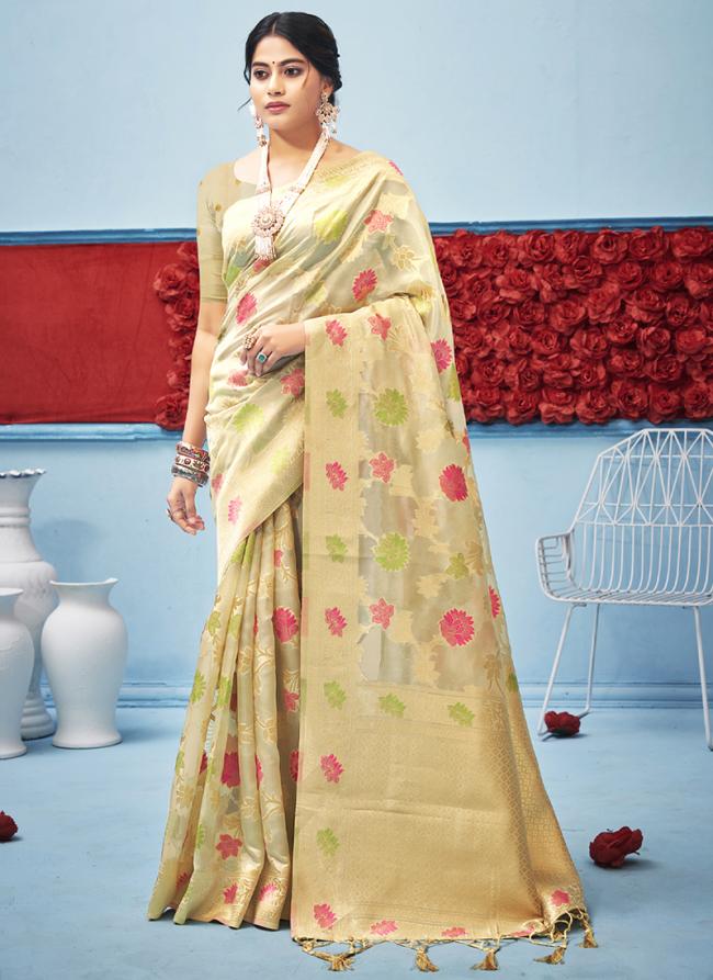 Beige Organza Silk Traditional Wear Weaving Saree