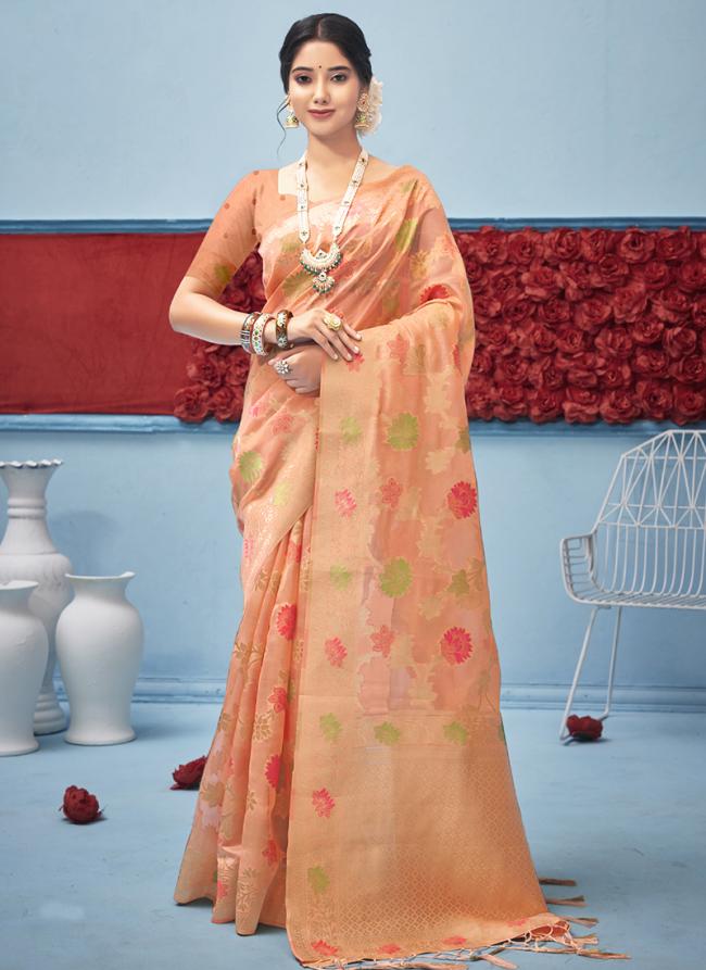 Peach Organza Silk Traditional Wear Weaving Saree