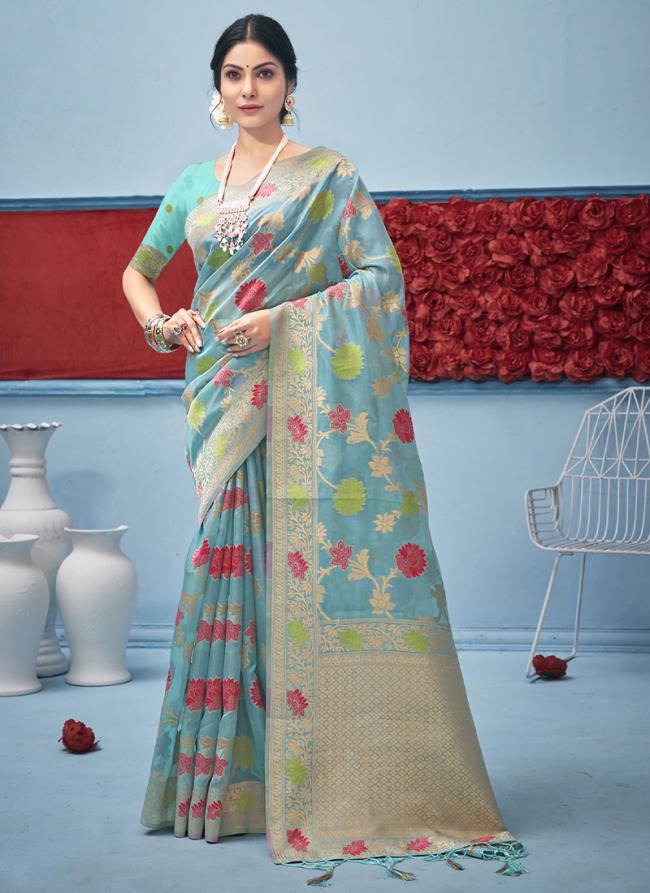 Sky Blue Organza Silk Traditional Wear Weaving Saree