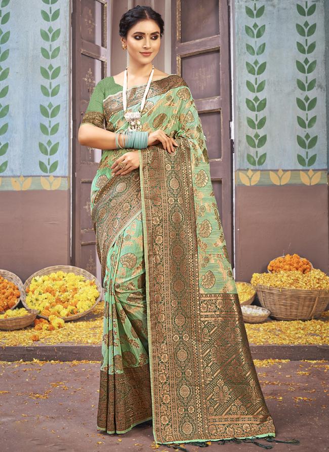 Pista Green Cotton Traditional Wear Weaving Saree
