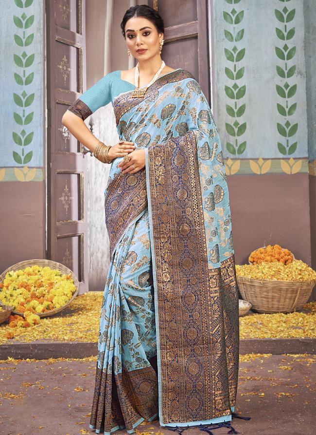Sky Blue Cotton Traditional Wear Weaving Saree