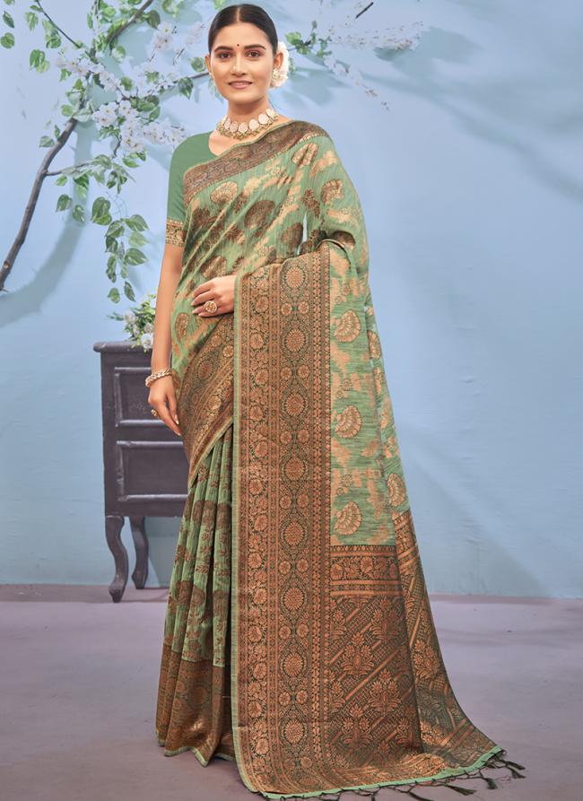 Pista Green Cotton Festival Wear Weaving Saree