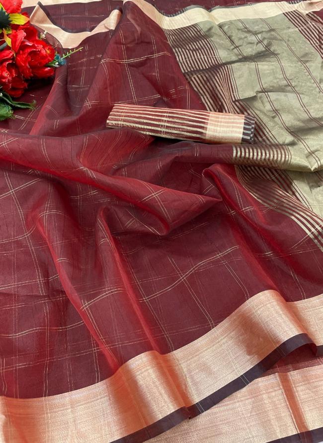 Maroon Organza Casual Wear Weaving Saree