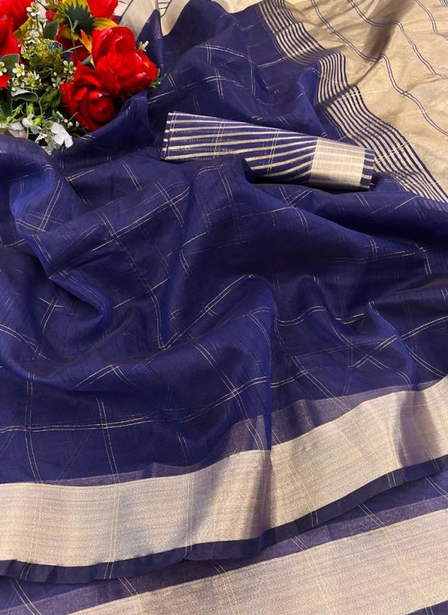 Navy Blue Organza Casual Wear Weaving Saree