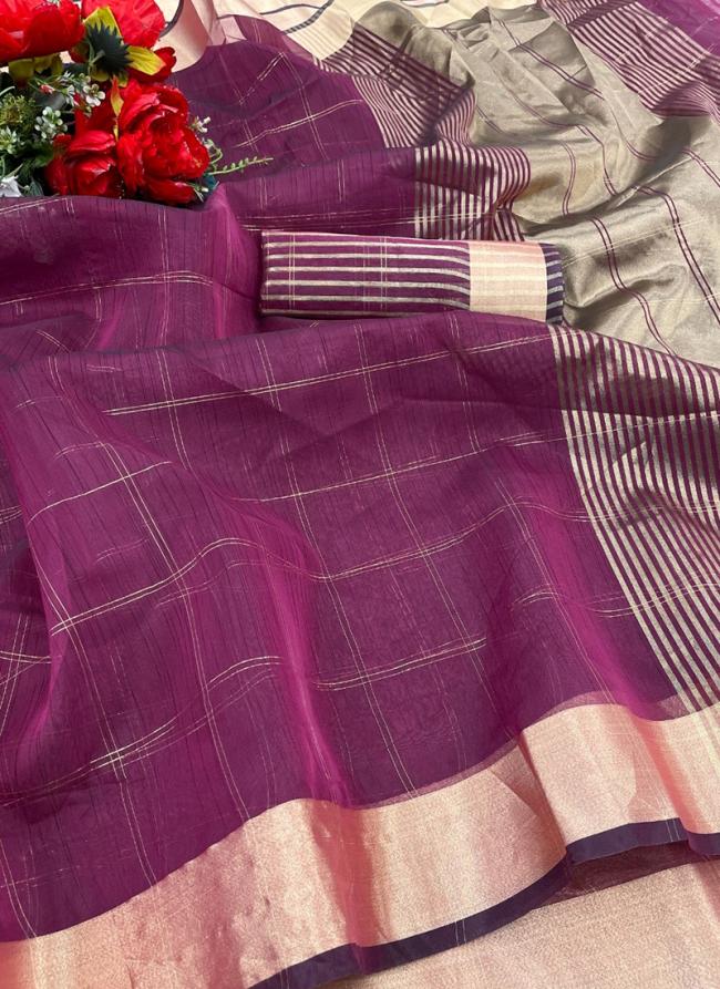 Wine Organza Casual Wear Weaving Saree