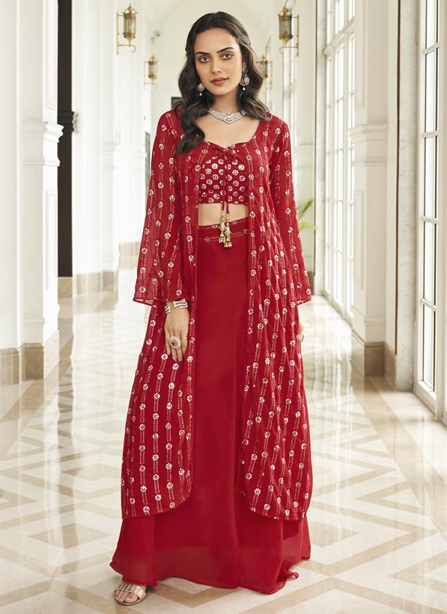 Red Faux Georgette Party Wear Embroidery Work Salwar Suit