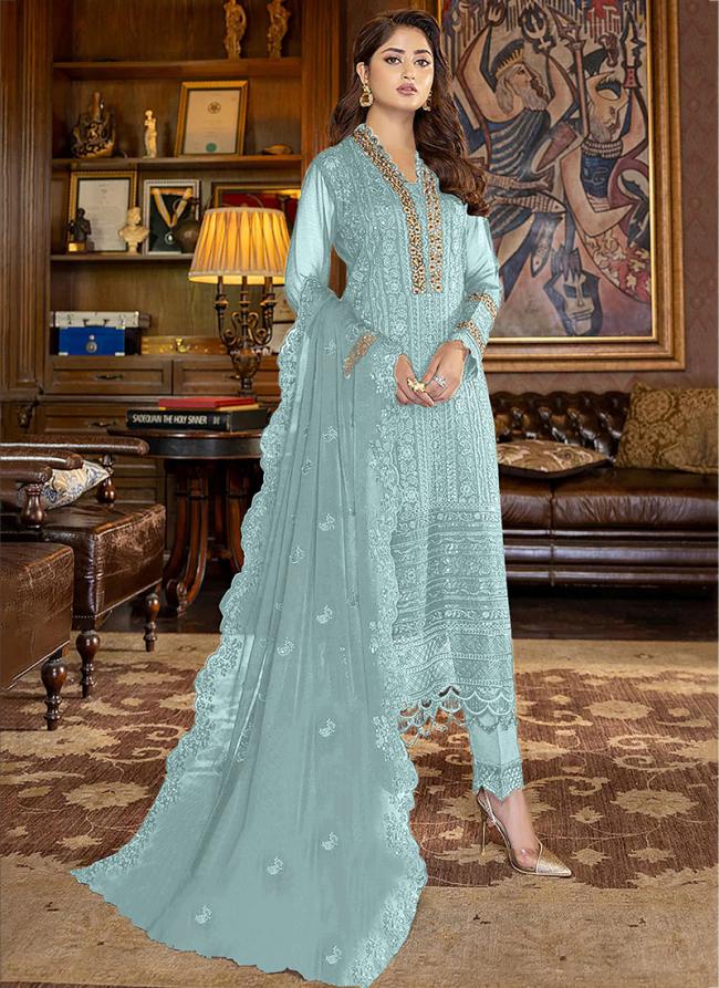 Sky Blue Faux Georgette Traditional Wear Embroidery Work Pakistani Suit