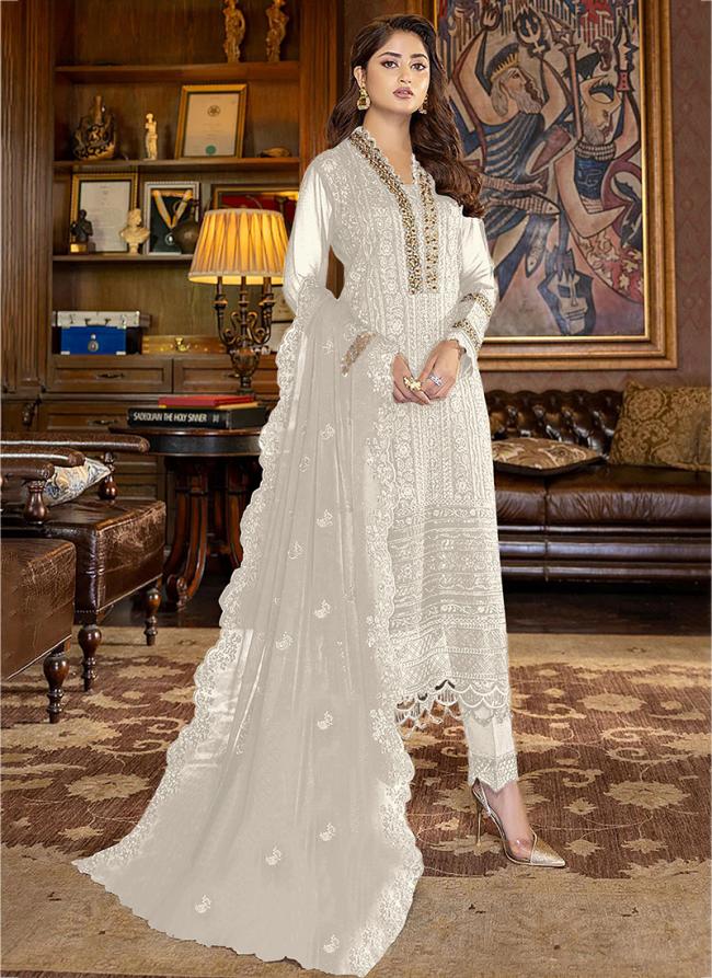 White Faux Georgette Traditional Wear Embroidery Work Pakistani Suit