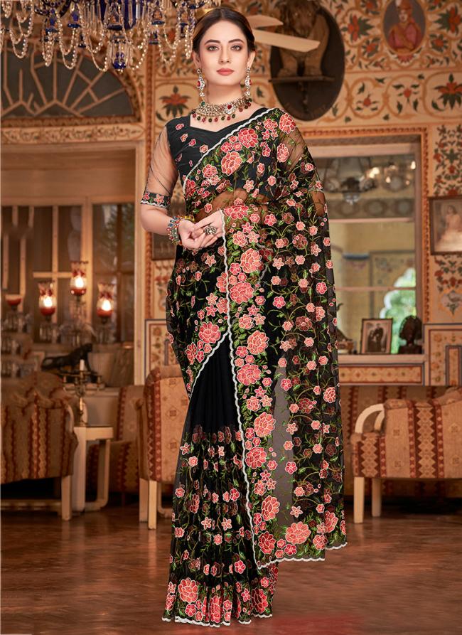 Black Net Festival Wear Resham Work Saree