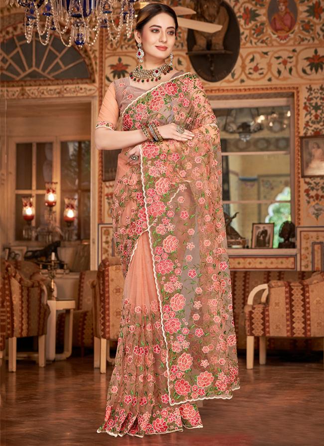 Dusty Peach Net Festival Wear Resham Work Saree