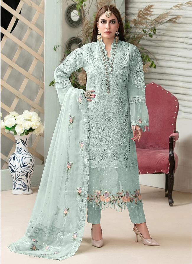 TURQUOISE BLUE Net Festival Wear Embroidery Work Pakistani Suit