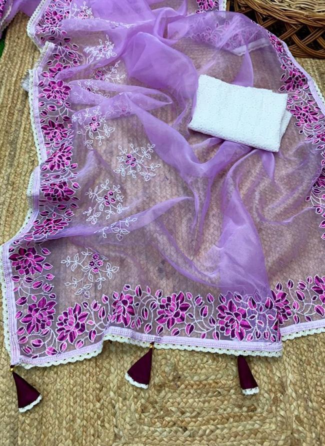 Purple Organza Traditional Wear Embroidery Work Saree