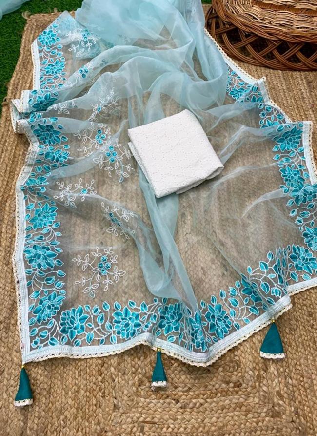 Sky blue Organza Traditional Wear Embroidery Work Saree