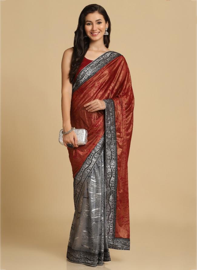 Red Lycra Festival Wear Lace Work Saree