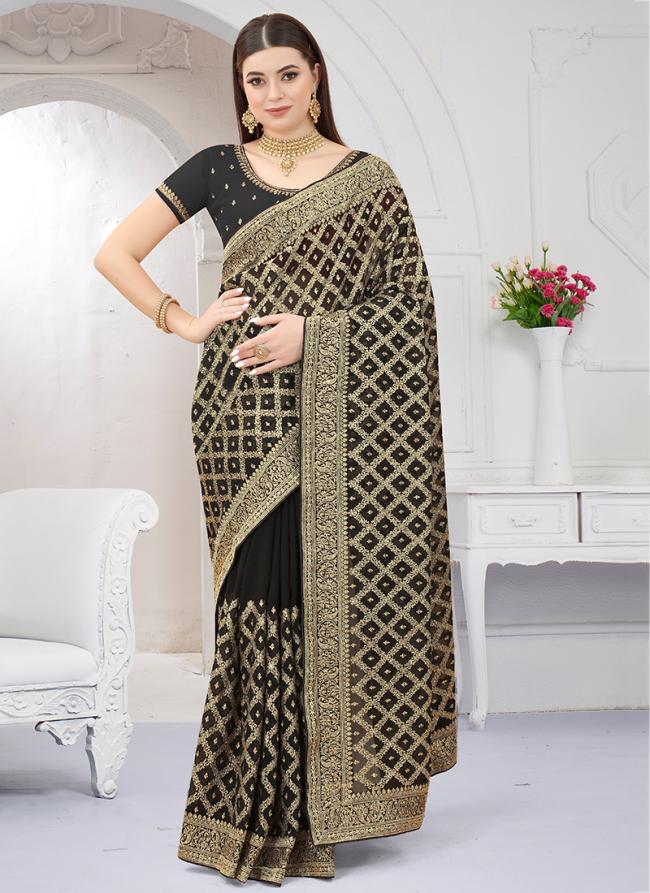 Black Georgette Wedding Wear Zari Embroidery Saree