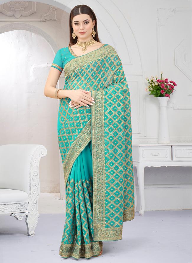 Firozi Georgette Wedding Wear Zari Embroidery Saree