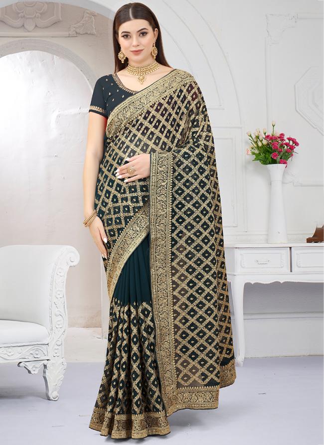 Morpeach Georgette Wedding Wear Zari Embroidery Saree