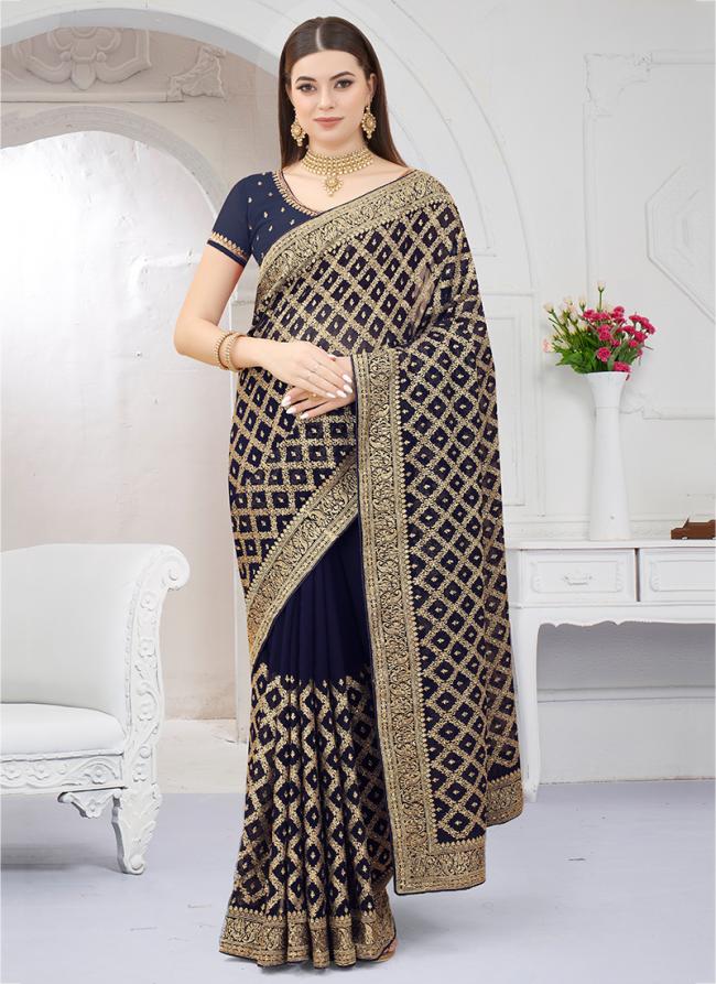 Navy Blue Georgette Wedding Wear Zari Embroidery Saree