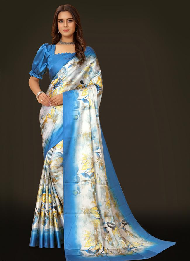 Cream Japan Satin Casual Wear Digital Printed Saree