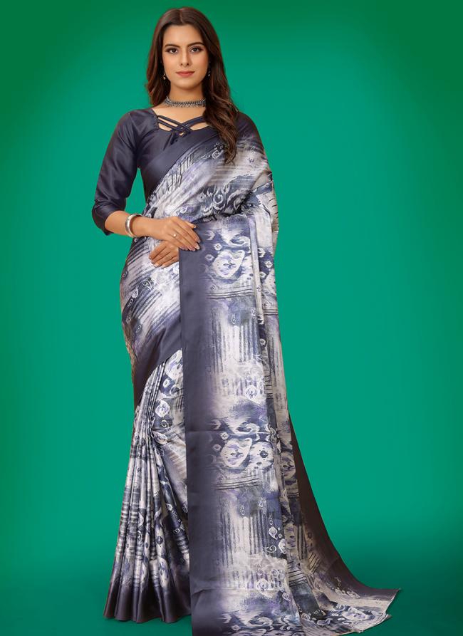 Grey Japan Satin Casual Wear Digital Printed Saree