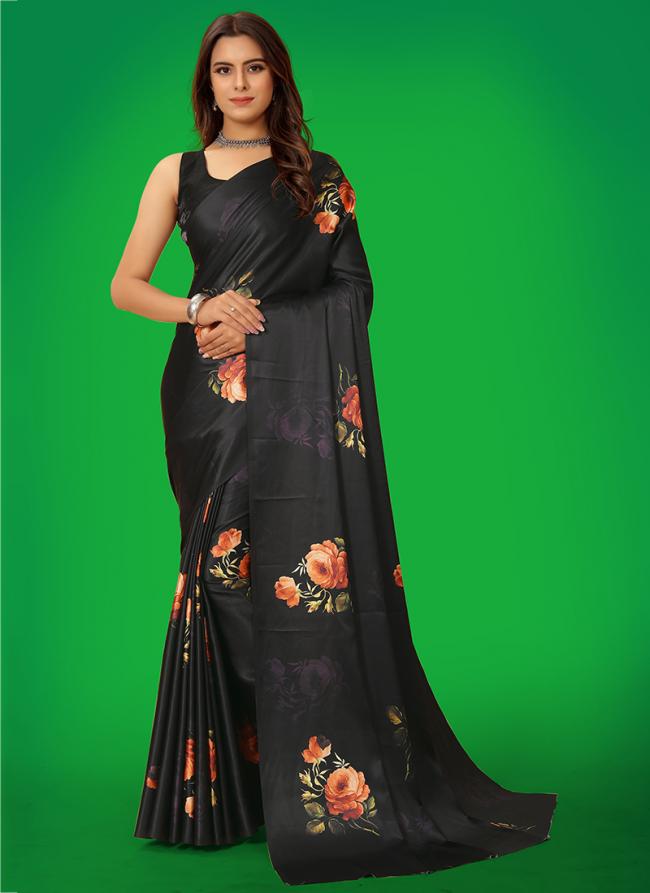 Hot Black Japan Satin Casual Wear Digital Printed Saree