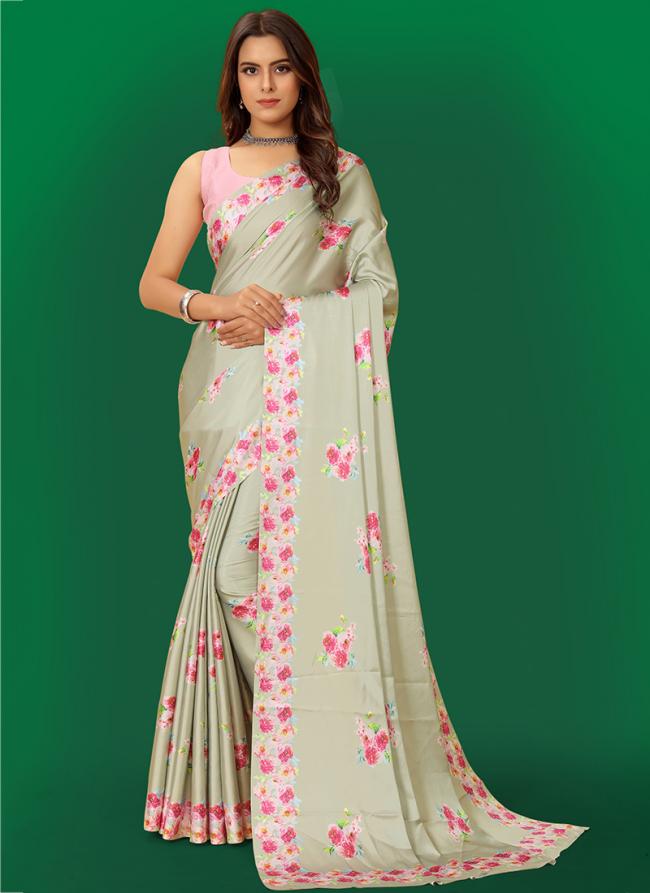 Light Grey Japan Satin Casual Wear Digital Printed Saree