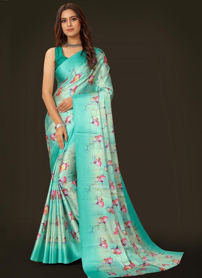 Turquoise Blue Japan Satin Casual Wear Digital Printed Saree