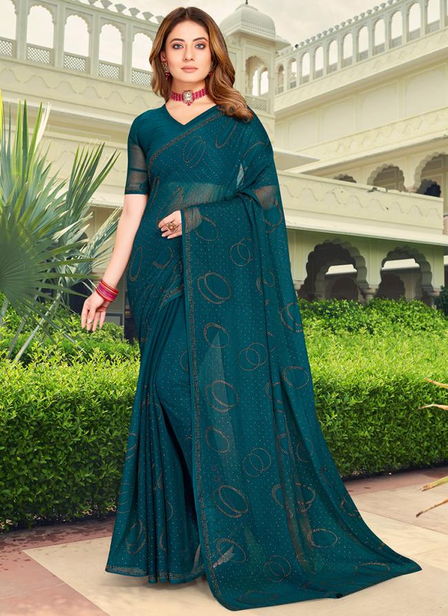 Morpeach Chiffon Traditional Wear Swarovski Work Saree