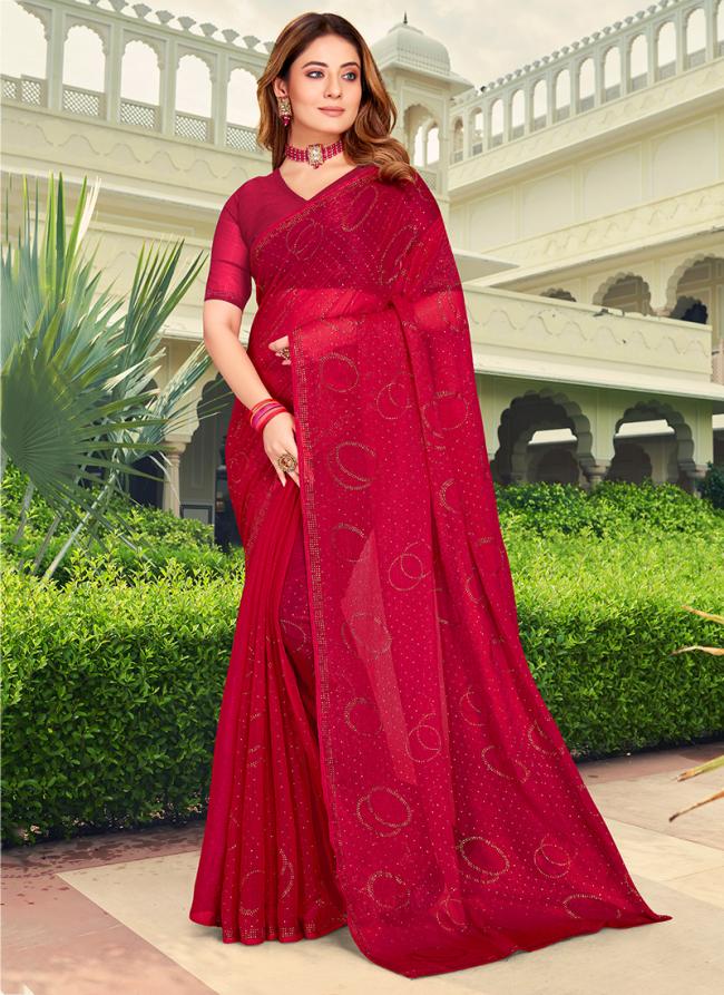 Rani Chiffon Traditional Wear Swarovski Work Saree