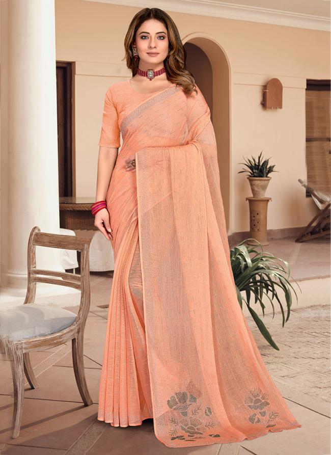 peach Chiffon Traditional Wear Swarovski Work Saree