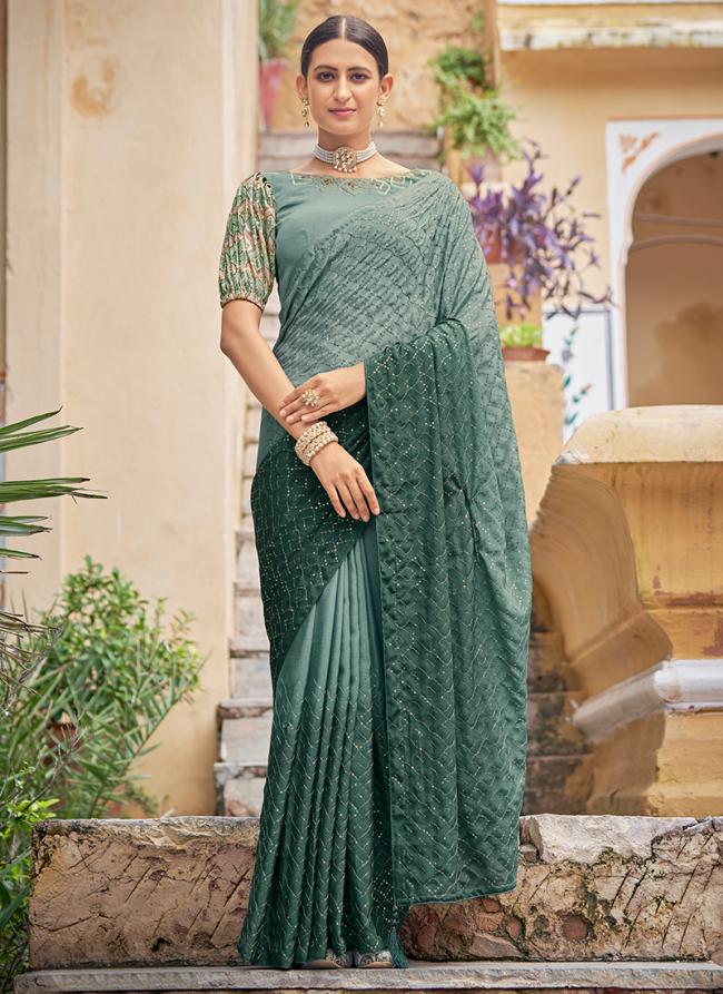 Green Chinnon Party Wear Sequins Work Saree