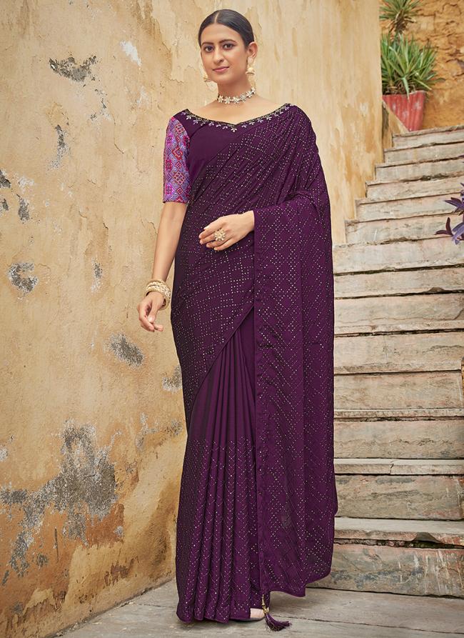 Purple Chinnon Party Wear Sequins Work Saree