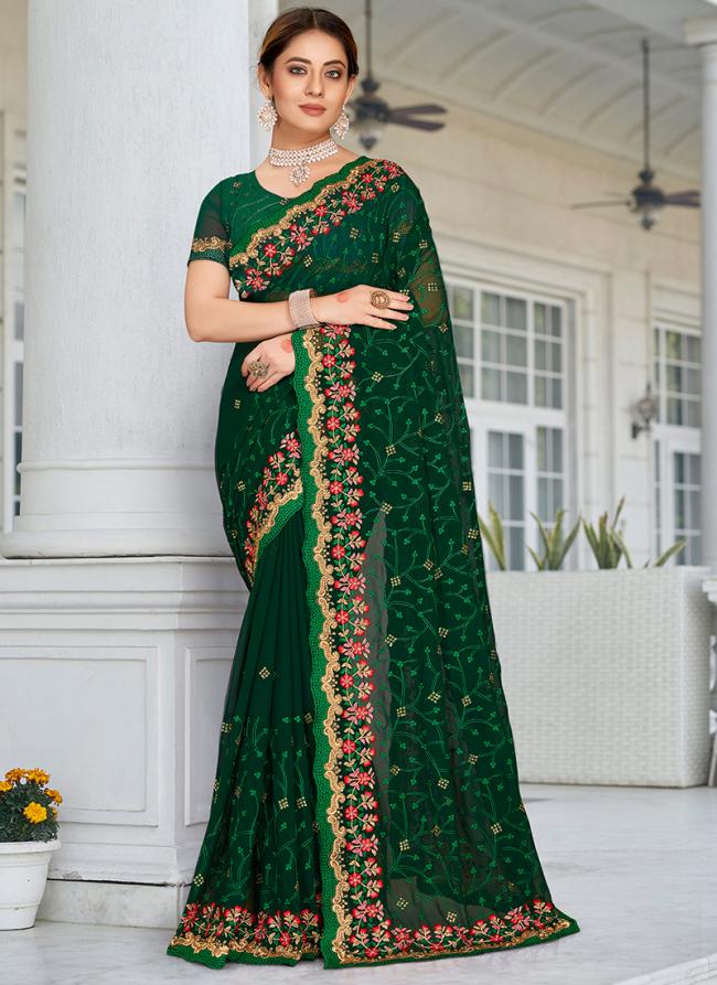 Bottle Green Georgette Wedding Wear Resham Work Saree