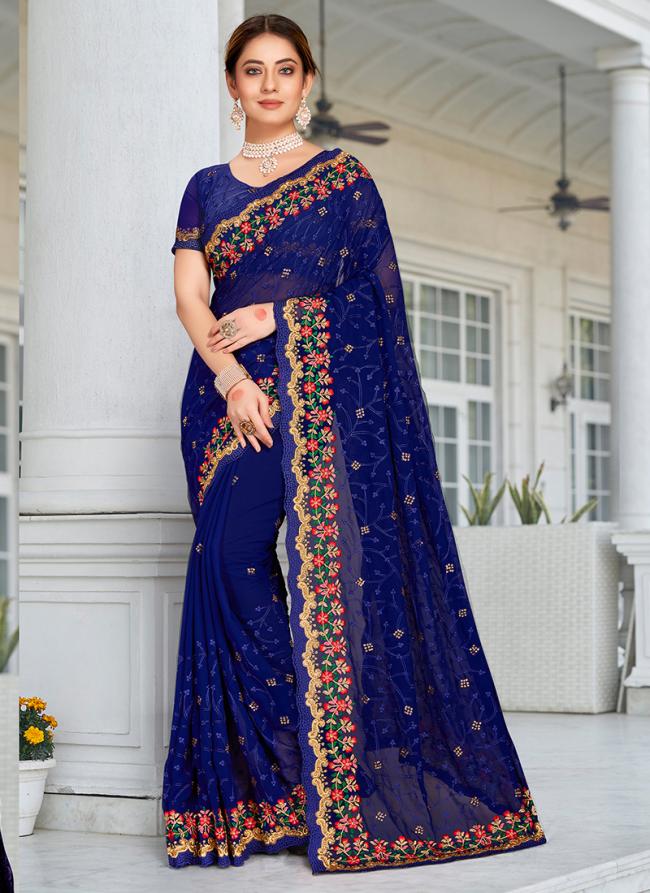 Navy Blue Georgette Wedding Wear Resham Work Saree