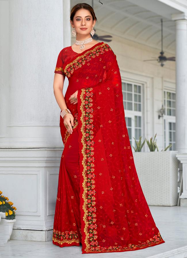 Red Georgette Wedding Wear Resham Work Saree