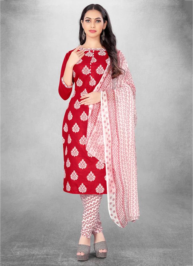 Red Slub cotton Casual Wear Designer table print Salwar Suit