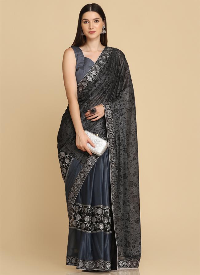 Grey Lycra Party Wear Embroidery Work Saree