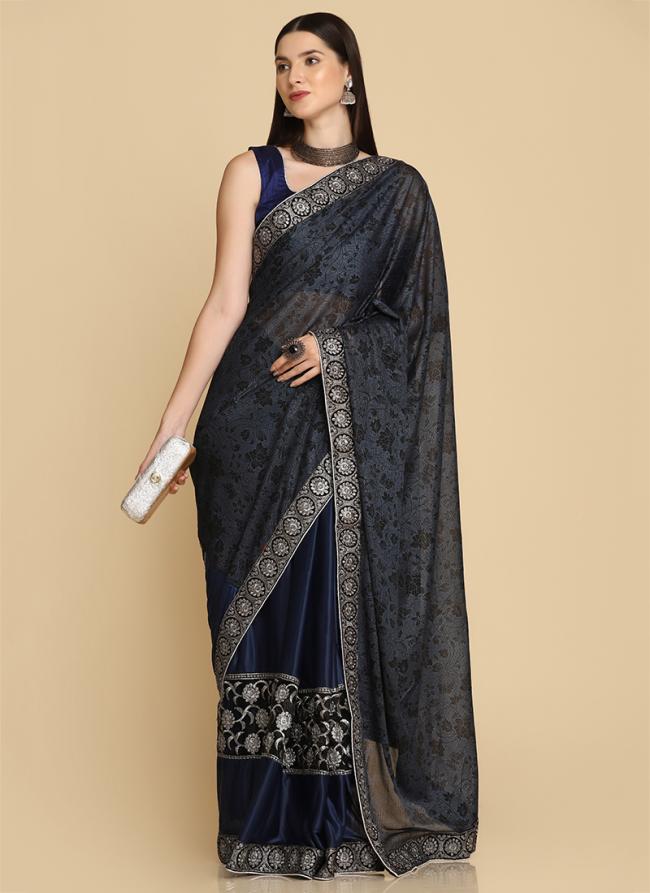 Navy Blue Lycra Party Wear Embroidery Work Saree