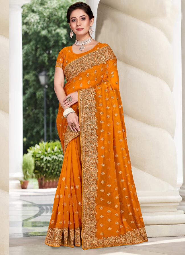 Mustered Georgette Festival Wear Embroidery Work Saree