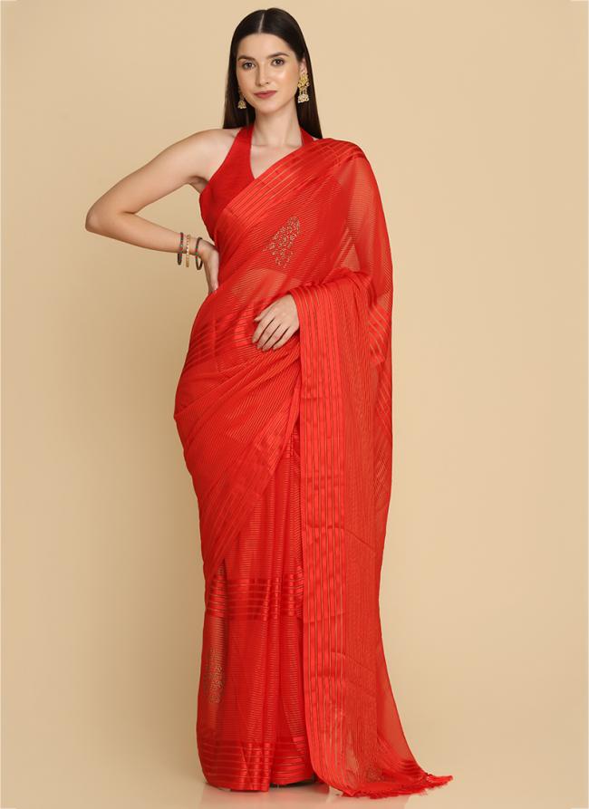 Orange Chiffon Festival Wear Swarovski Work Saree