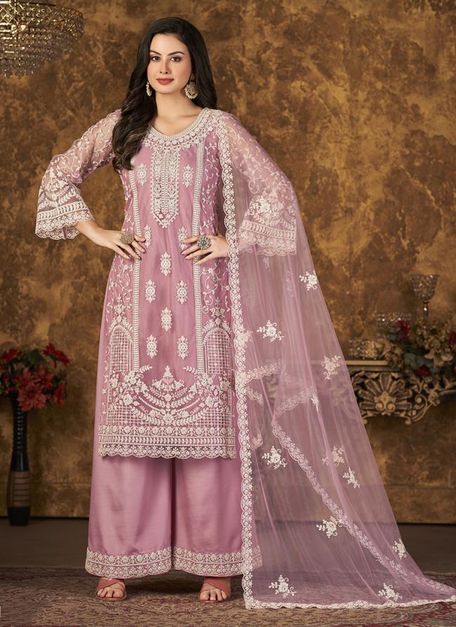 Pink Net Festival Wear Embroidery Work Palazzo Suit