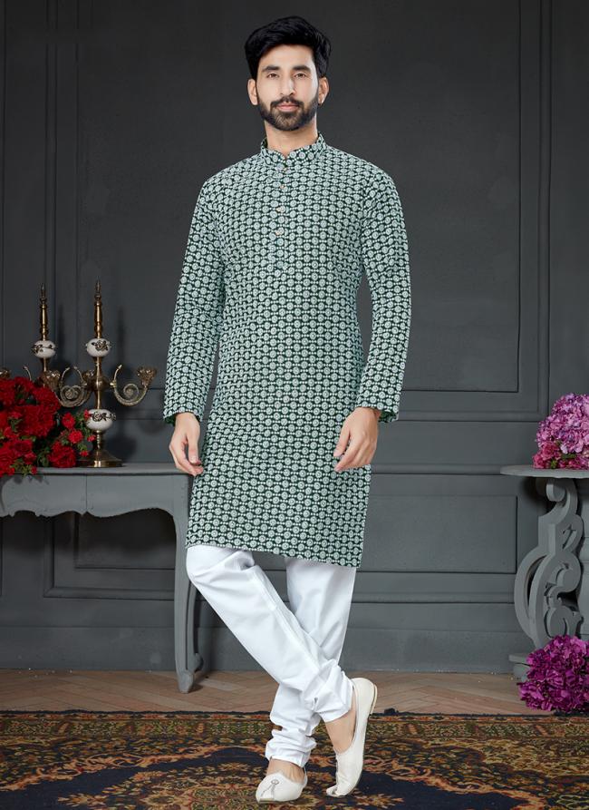 Bottle Green Cotton Art Silk Traditional Wear Embroidery Work Kurta Pajama