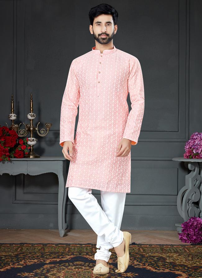 Light pink Cotton Art Silk Traditional Wear Embroidery Work Kurta Pajama