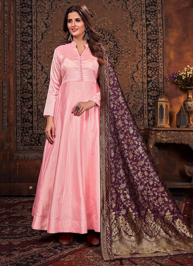 Pink Art Silk Party Wear Plain Readymade Salwar Suit