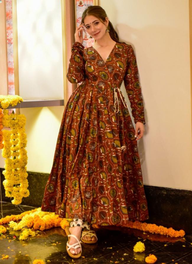 Brown Cotton Silk Festival Wear Digital Printed Gown With Pant